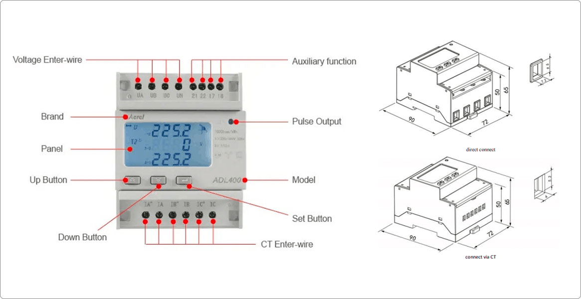 Diagram of ADL400 Three Phase Din Rail Energy Meter