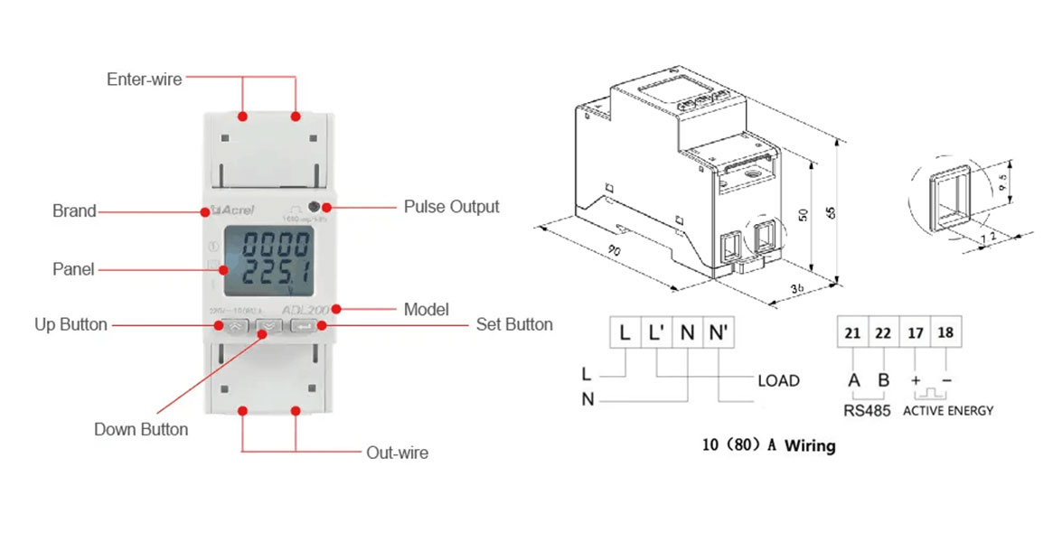 Diagram of ADL200 Single Phase Din Rail Energy Meter