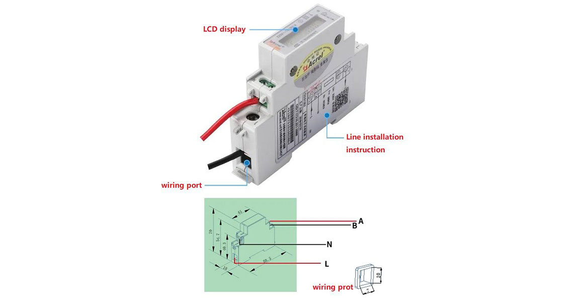 Diagram of ADL10E Single Phase Din Rail Energy Meter