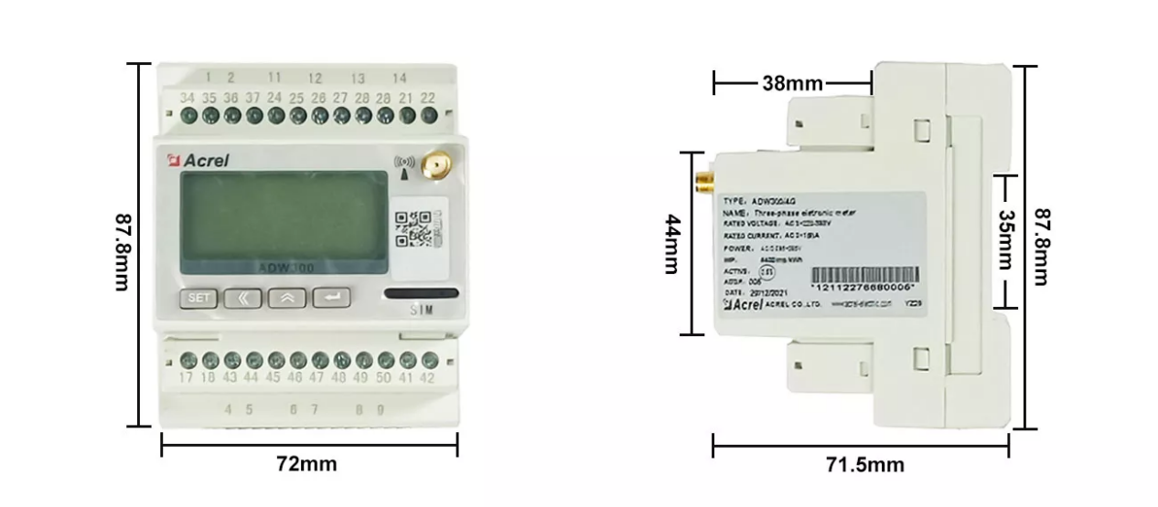 Acrel ADW300 3-Phase Wireless Smart Energy Meter Dimensions