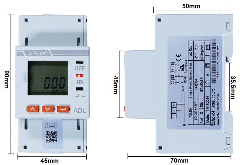Dimension and Display of Acrel ADL200-NK single-phase WiFi Wireless Energy Meter Dimension and Display of Acrel ADL200-NK single-phase WiFi Wireless Energy Meter